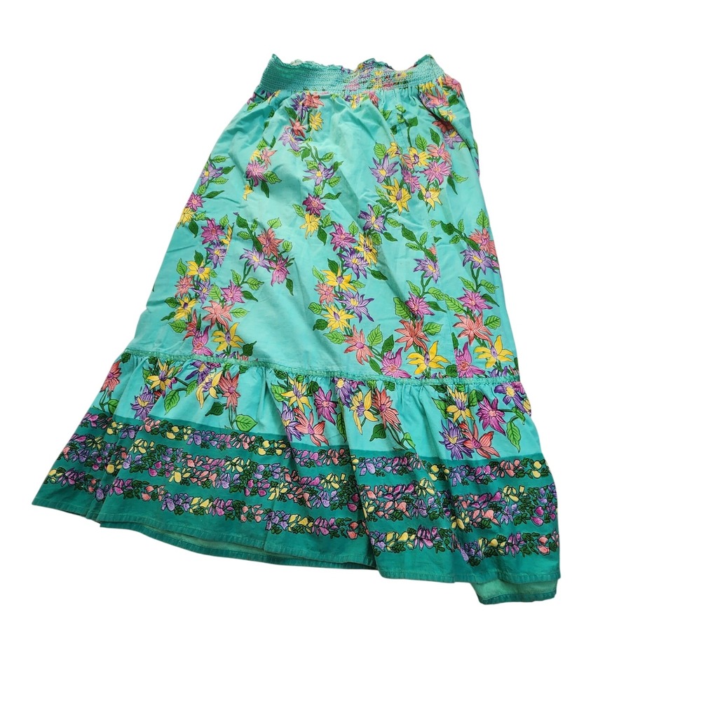 Derek Heart Floral Smocked Maxi Skirt Teal Green Cotton Boho Cottagecore Size M